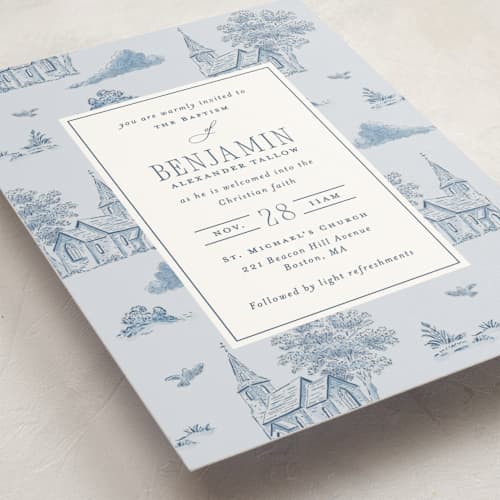 This is a sky baptism and christening announcements with standard by Corinne Malesic called churchyard toile printing on signature in standard