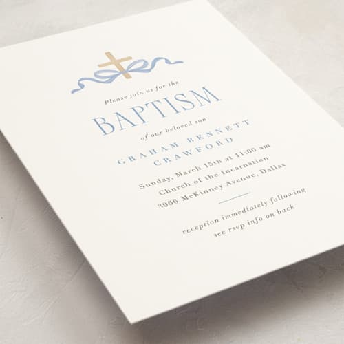 This is a celestial baptism and christening announcements with standard by Olivia Raufman called ribbon and cross printing on signature in standard