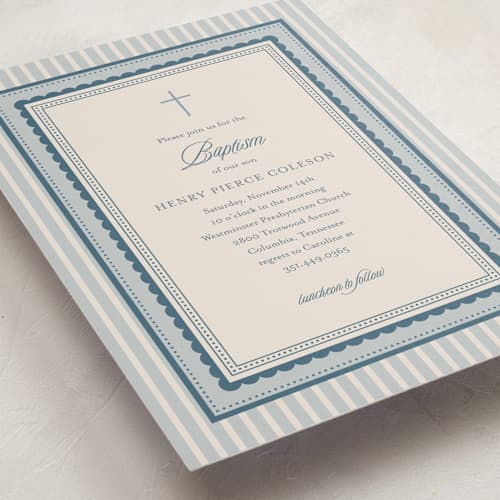 This is a chambray baptism and christening announcements with standard by Jessica Williams called fairmont printing on signature in standard