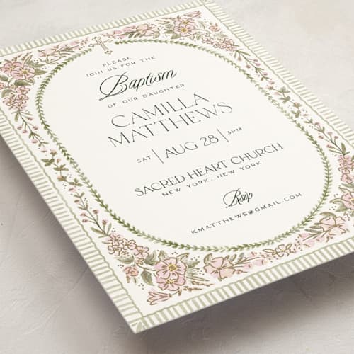 This is a rose baptism and christening announcements with standard by Jenna Holcomb called wildflower frame printing on signature in standard