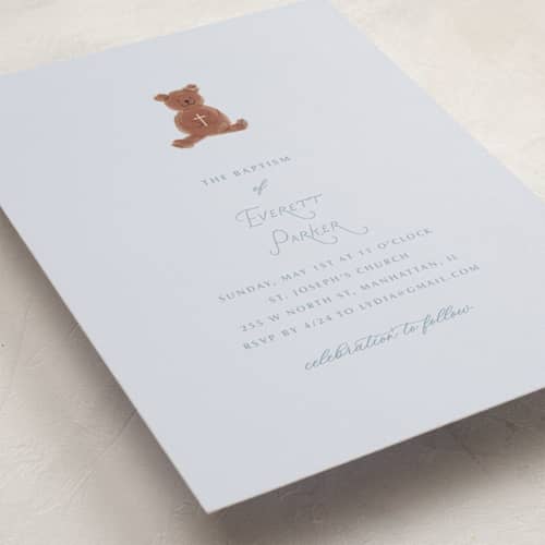 This is a sky baptism and christening announcements with standard by Baumbirdy called blessing bear printing on signature in standard