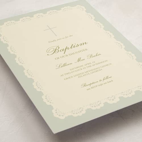 This is a sage baptism and christening announcements with standard by Rina Ozum called vintage lace printing on signature in standard