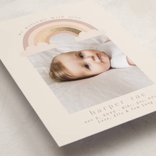 This is a blush foil stamped birth announcements with foil pressed by Angela Thompson called rainbow sky printing on signature in standard