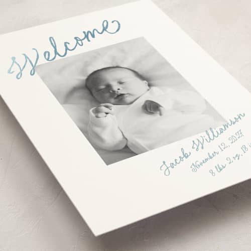 This is a cotton foil stamped birth announcements with foil pressed by Stacy Maalouf called sweet welcome printing on signature in standard