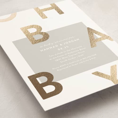 This is a pebble foil stamped baby shower invitations with foil pressed by Robert and Stella called mod baby printing on signature in standard