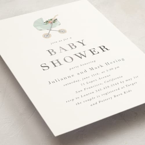 This is a mint foil stamped baby shower invitations with foil pressed by Juliana Zimmermann called love and flowers printing on signature in standard