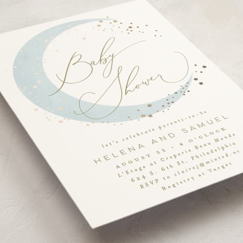This is a mist foil stamped baby shower invitations with foil pressed by Everett Paper Goods called simple moon printing on signature in standard