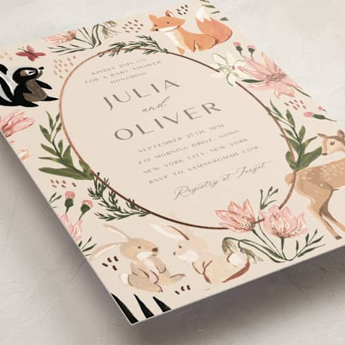 This is a sunshine foil stamped baby shower invitations with foil pressed by Teju Reval called woodland dreams printing on signature in standard