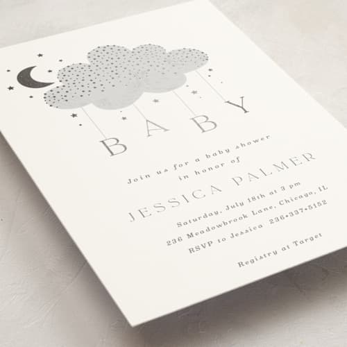 This is a slate foil stamped baby shower invitations with foil pressed by Marina Onoprienko called moon baby printing on signature in standard