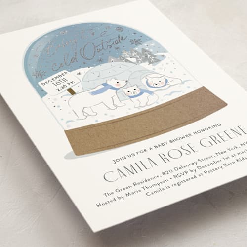 This is a sparkle foil stamped baby shower invitations with foil pressed by Jennifer Lew called winter bears printing on signature in standard