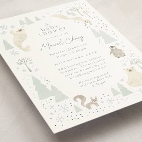 This is a seafoam foil stamped baby shower invitations with foil pressed by Jennifer Wick called arctic friends printing on signature in standard