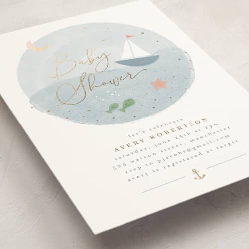 This is a pond foil stamped baby shower invitations with foil pressed by Jen Tips called set sail printing on signature in standard