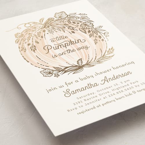 This is a peach foil stamped baby shower invitations with foil pressed by Paper Sun Studio called little pumpkin printing on signature in standard