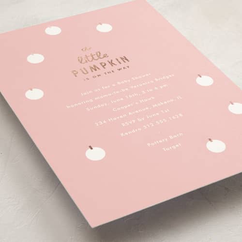 This is a bubblegum foil stamped baby shower invitations with foil pressed by Baumbirdy called a little pumpkin printing on signature in standard