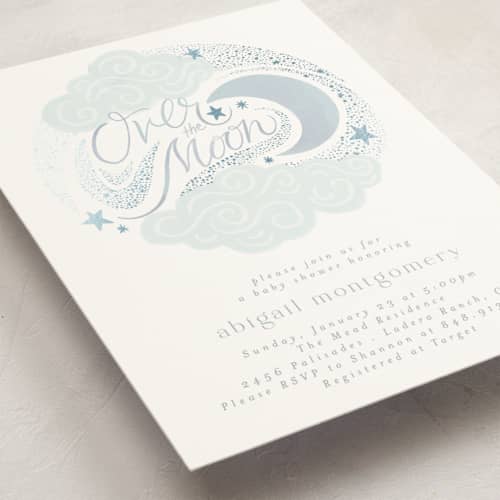 This is a celestial foil stamped baby shower invitations with foil pressed by Joanna Griffin called over the moon printing on signature in standard