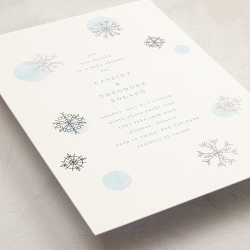 This is a glacier foil stamped baby shower invitations with foil pressed by Baumbirdy called snowflakes printing on signature in standard