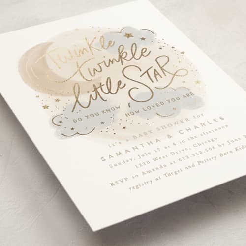 This is a latte foil stamped baby shower invitations with foil pressed by Creo Study called moon and stars printing on signature in standard