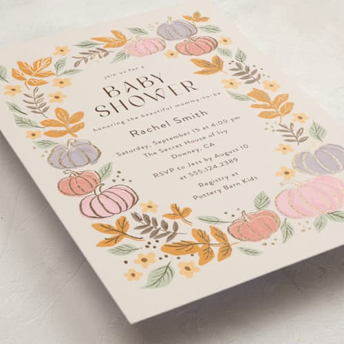 This is a pudding foil stamped baby shower invitations with foil pressed by Cass Loh called pastel pumpkins printing on signature in standard