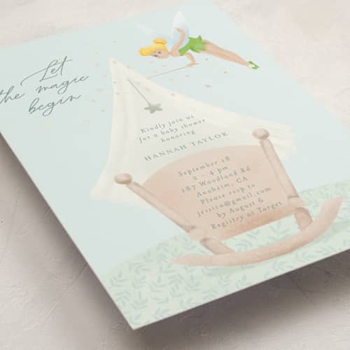 This is a sage foil stamped baby shower invitations with foil pressed by frau brandt called disney’s tinkerbell magic printing on signature in standard