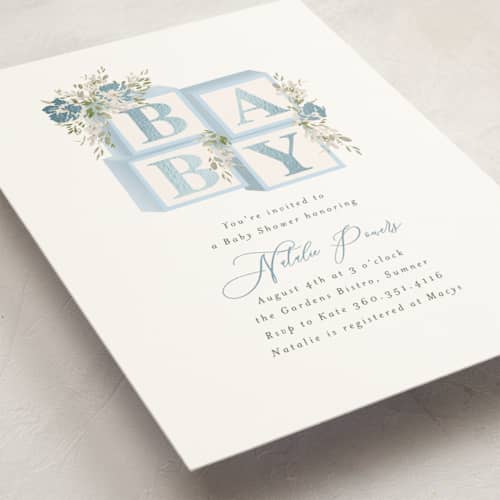 This is a baby blue foil stamped baby shower invitations with foil pressed by Itsy Belle Studio called botanical blocks printing on signature in standard