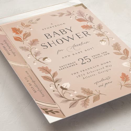 This is a auburn foil stamped baby shower invitations with foil pressed by Paper Raven Co. called fabled storybook printing on signature in standard