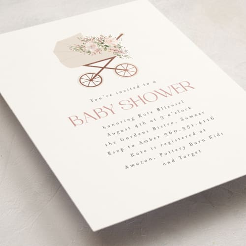 This is a dusty rose foil stamped baby shower invitations with foil pressed by Itsy Belle Studio called baby carriage printing on signature in standard