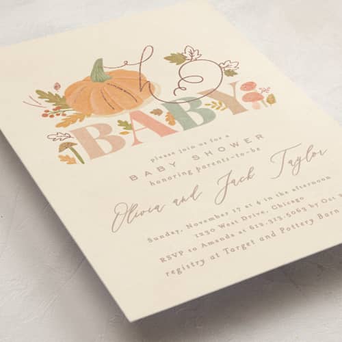 This is a latte foil stamped baby shower invitations with foil pressed by Creo Study called little pumpkin printing on signature in standard