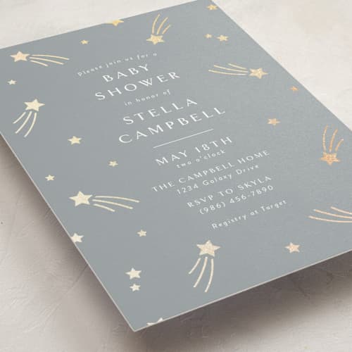 This is a slate foil stamped baby shower invitations with foil pressed by Meggy Masters called little star printing on signature in standard