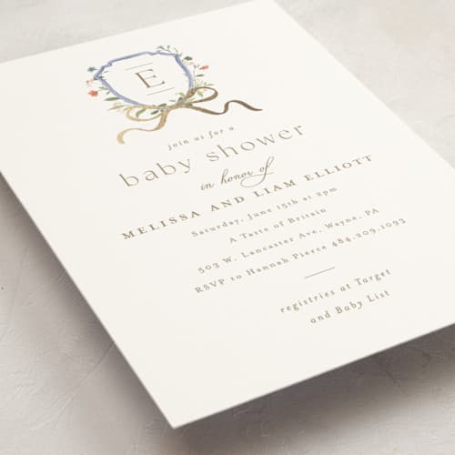 This is a icing foil stamped baby shower invitations with foil pressed by Everett Paper Goods called floral crested printing on signature in standard