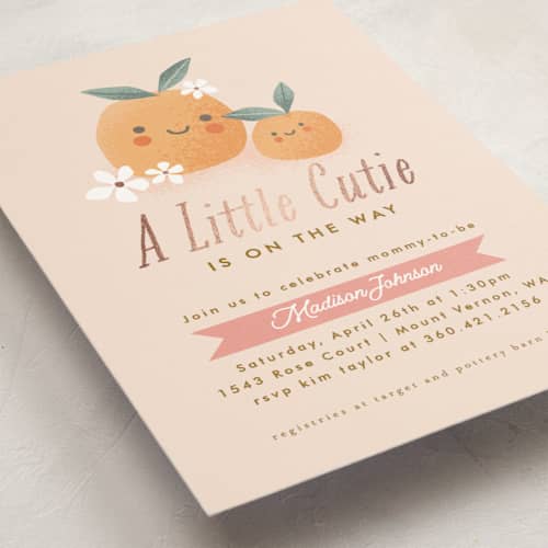 This is a peach foil stamped baby shower invitations with foil pressed by Karidy Walker called little cutie oranges printing on signature in standard