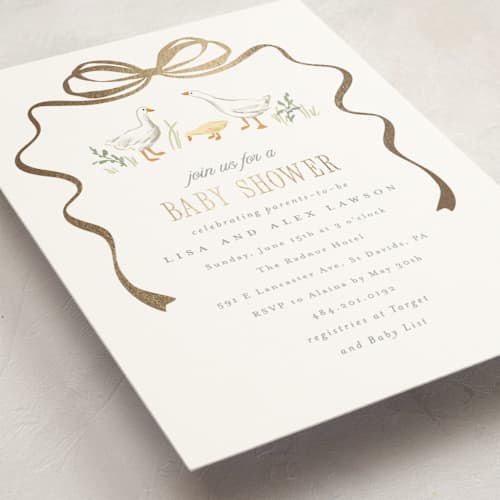 This is a mint foil stamped baby shower invitations with foil pressed by Everett Paper Goods called storybook geese printing on signature in standard