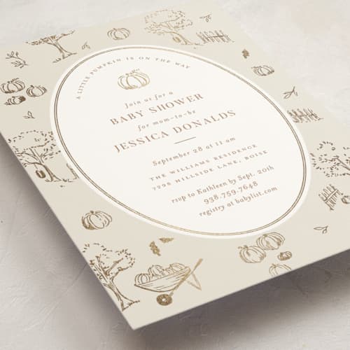 This is a acorn foil stamped baby shower invitations with foil pressed by Rebecca Durflinger called autumn toile printing on signature in standard
