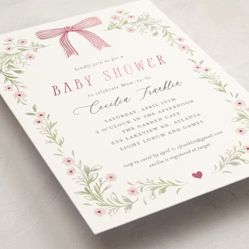 This is a blush foil stamped baby shower invitations with foil pressed by Paper Raven Co. called dainty garden printing on signature in standard