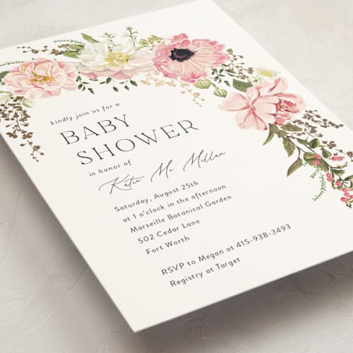 This is a peony foil stamped baby shower invitations with foil pressed by Susan Moyal called timeless blooms printing on signature in standard