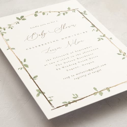 This is a ivy foil stamped baby shower invitations with foil pressed by Everett Paper Goods called canopy printing on signature in standard