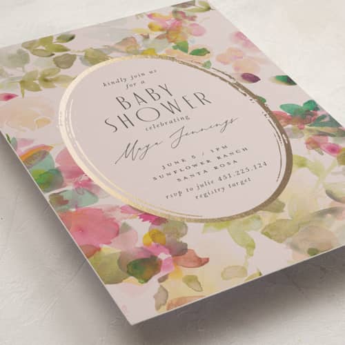 This is a wild berry foil stamped baby shower invitations with foil pressed by Lori Wemple called floral jewels printing on signature in standard