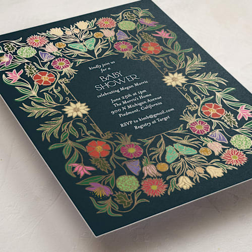 This is a midnight garden foil stamped baby shower invitations with foil pressed by Simona Camp called gilded tapestry printing on signature in standard