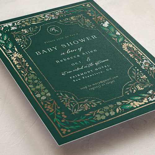 This is a evergreen foil stamped baby shower invitations with foil pressed by Alethea and Ruth called illuminated storybook printing on signature in standard
