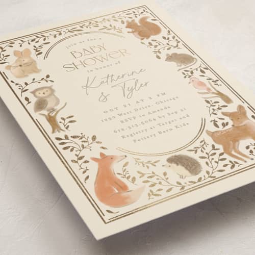 This is a ecru foil stamped baby shower invitations with foil pressed by Creo Study called woodland storybook printing on signature in standard
