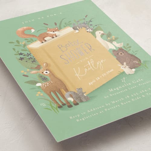 This is a mint foil stamped baby shower invitations with foil pressed by Jennifer Wick called storybook printing on signature in standard