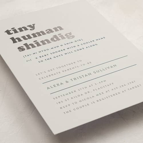 This is a whale foil stamped baby shower invitations with foil pressed by Corinne Malesic called tiny human printing on signature in standard