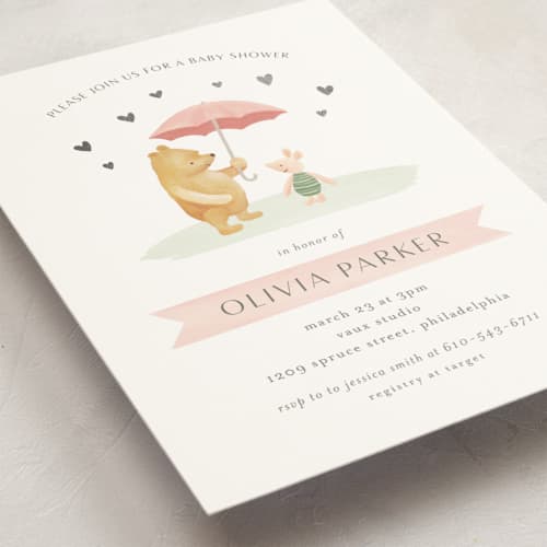 This is a blush foil stamped baby shower invitations with foil pressed by Katherine Moynagh called pooh and piglet printing on signature in standard