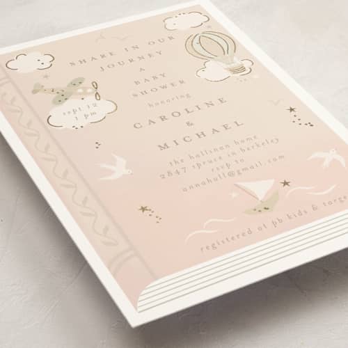 This is a blush foil stamped baby shower invitations with foil pressed by Jennifer Holbrook called our journey printing on signature in standard