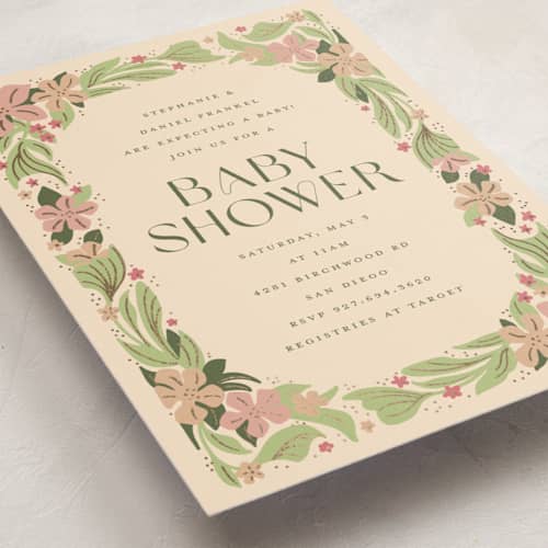 This is a petal foil stamped baby shower invitations with foil pressed by Katie Zimpel called bright botanical border printing on signature in standard