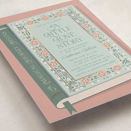 This is a sage foil stamped baby shower invitations with foil pressed by Ana de Sousa called little love story printing on signature in standard