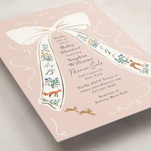 This is a petal foil stamped baby shower invitations with foil pressed by Elly called ribbon in bloom printing on signature in standard