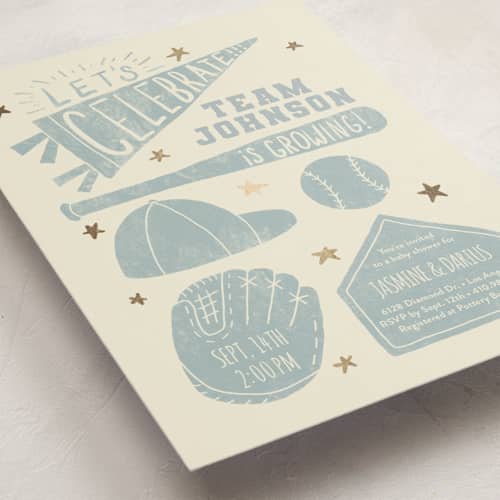 This is a sky foil stamped baby shower invitations with foil pressed by Rebekah Canavan called baseball baby shower printing on signature in standard