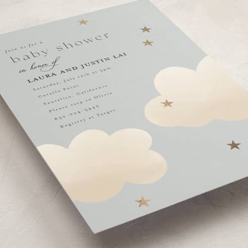 This is a sky foil stamped baby shower invitations with foil pressed by Joyce Pinheiro called twinkle twinkle printing on signature in standard