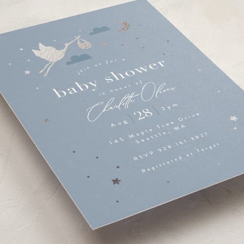 This is a bluebell foil stamped baby shower invitations with foil pressed by Hudson meet Rose called special delivery printing on signature in standard