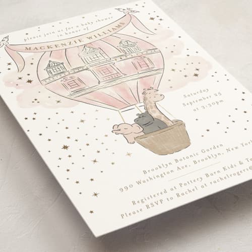 This is a cotton candy foil stamped baby shower invitations with foil pressed by Jenna Holcomb called bebe printing on signature in standard